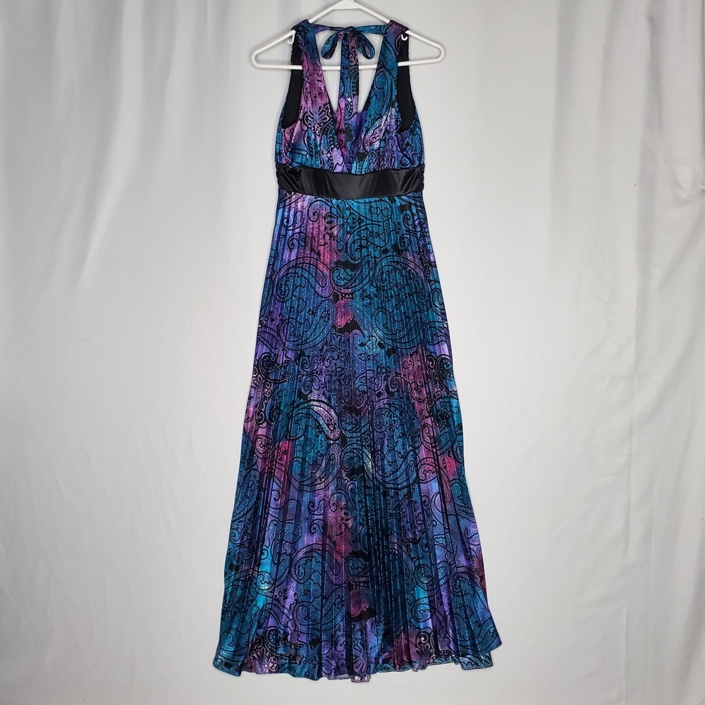 Sequin Hearts Y2K Vtg Satin Maxi‎ Halter Dress Small Teal Purple Paisley Prom